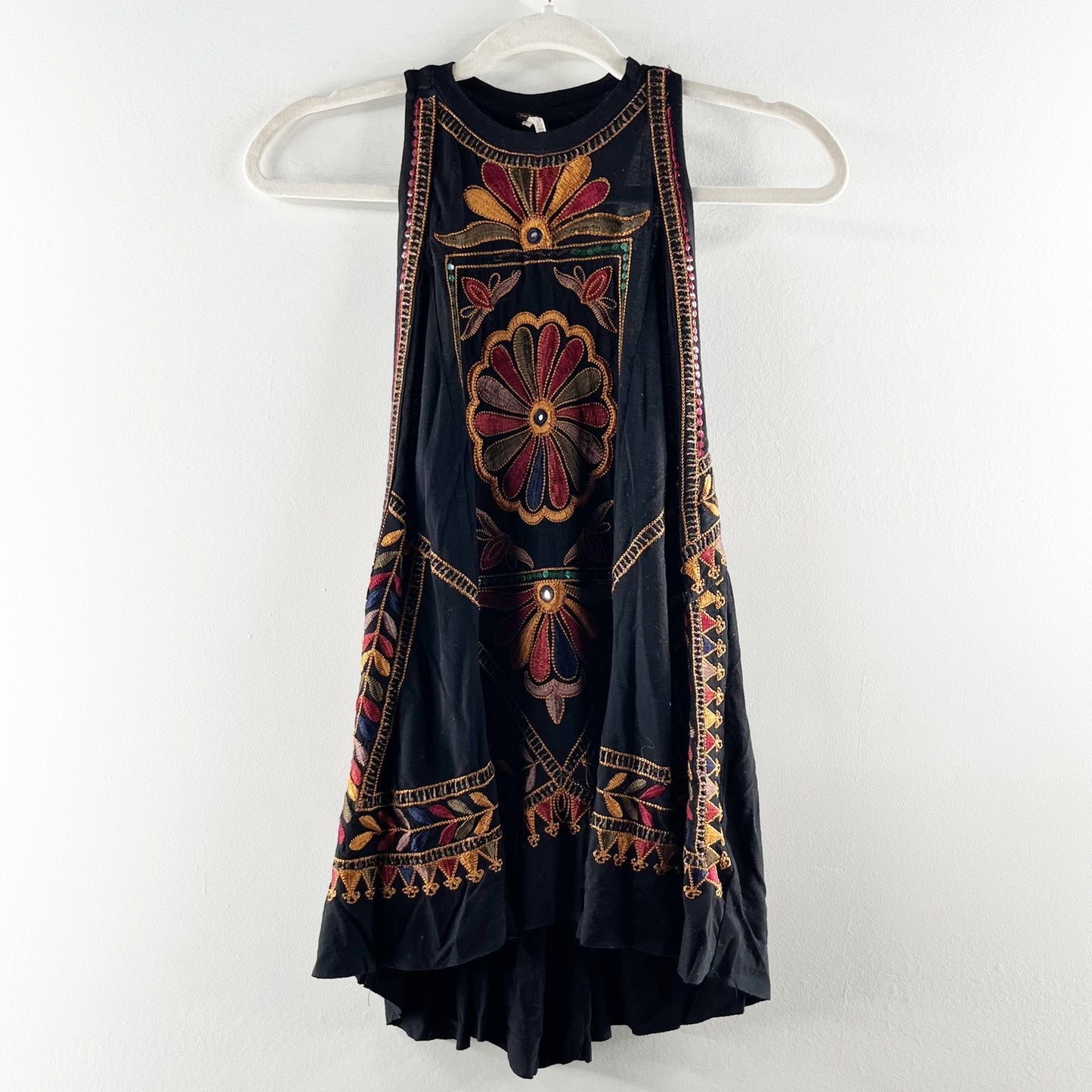 Free People Isabella Embellished Sequin Embroidered Jersey Tank Top Black Small