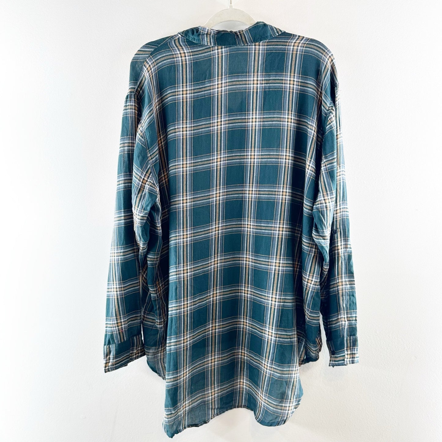 Sundry Evereve Heart Plaid Long Sleeve Hi-Low Button Down Shirt Pine Green Small