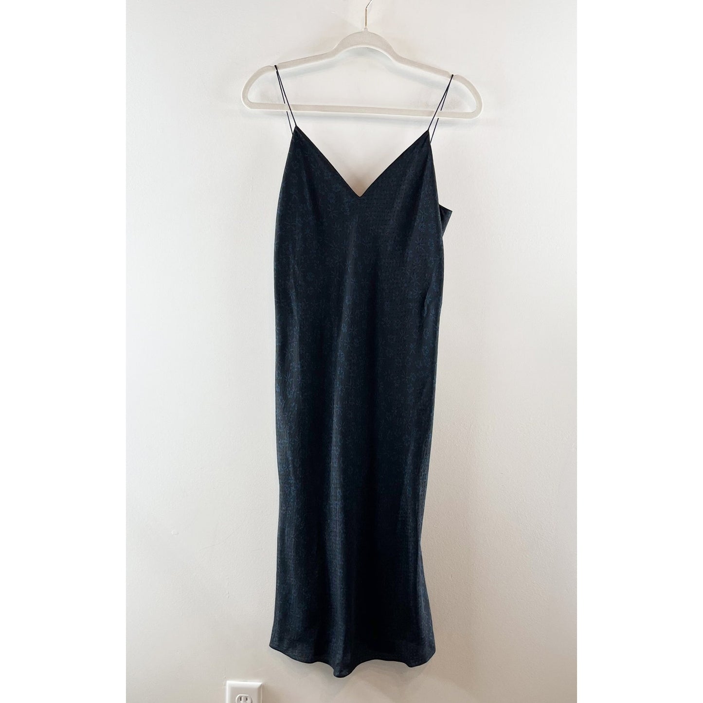 Theory Easy Sleeveless Spaghetti Strap V-Neck Midi Slip Dress Flower Silk Navy 4