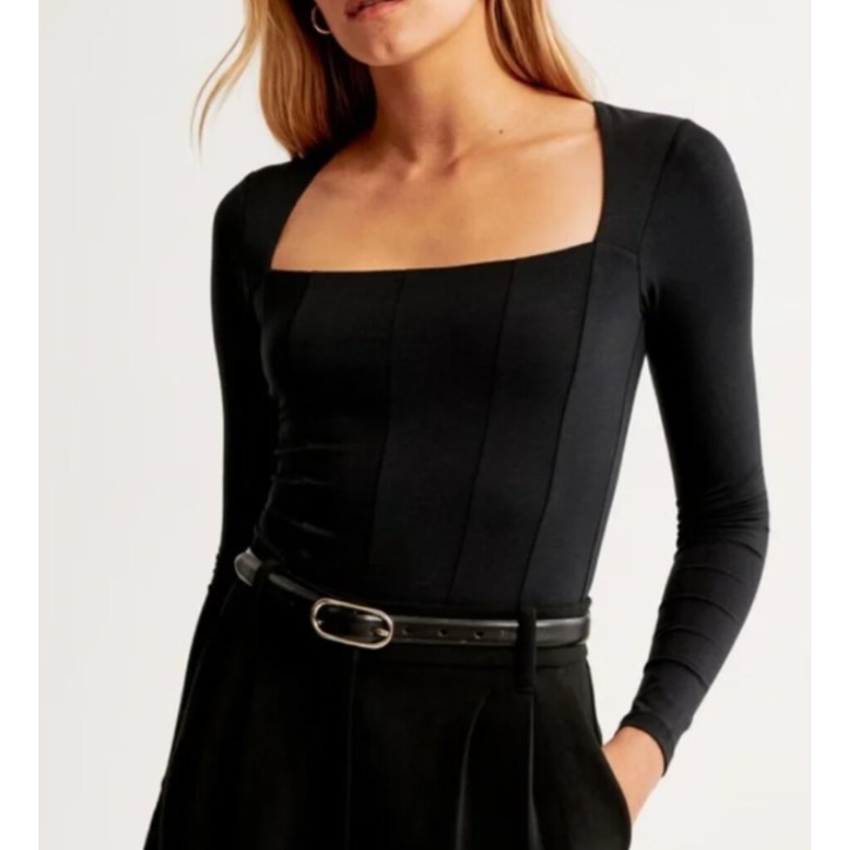 Abercrombie & Fitch Square Neck Seamed Long Sleeve Bodysuit Black Small