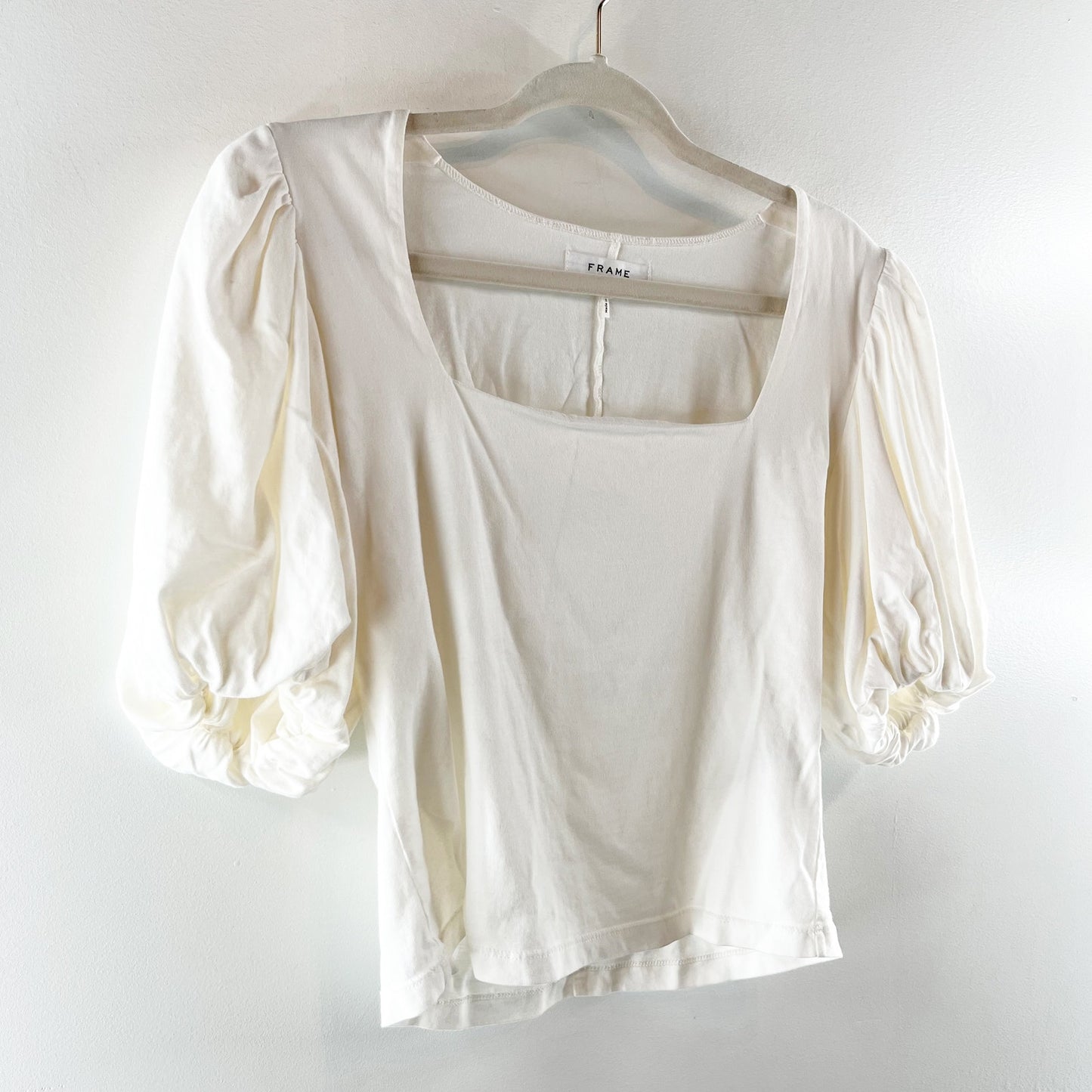 Frame Square Neck Cotton Puff Short Sleeve T-Shirt Top White Small