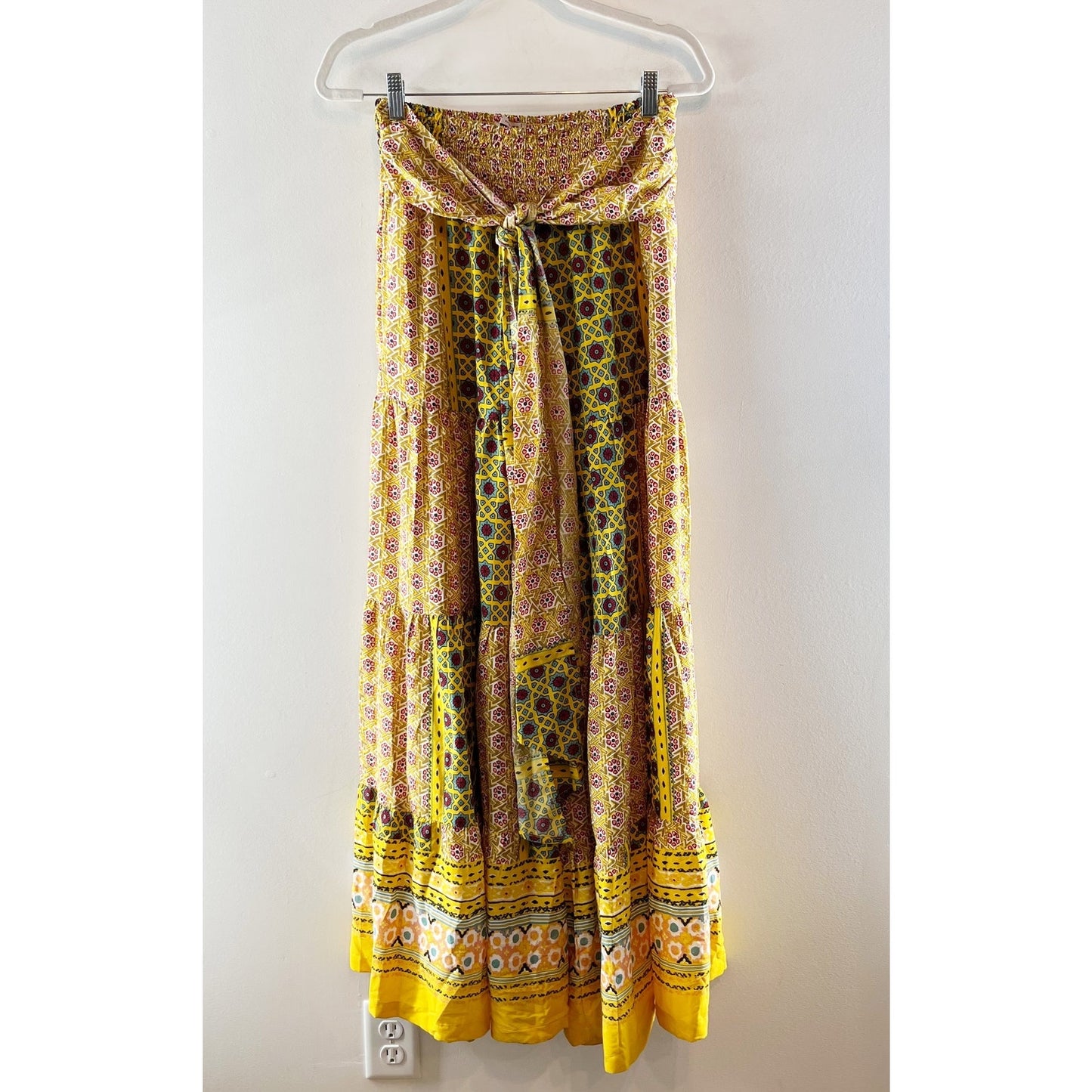 SMF Floral Print Smocked High Rise Tie Waist Wide Leg Pants Yellow Green Medium