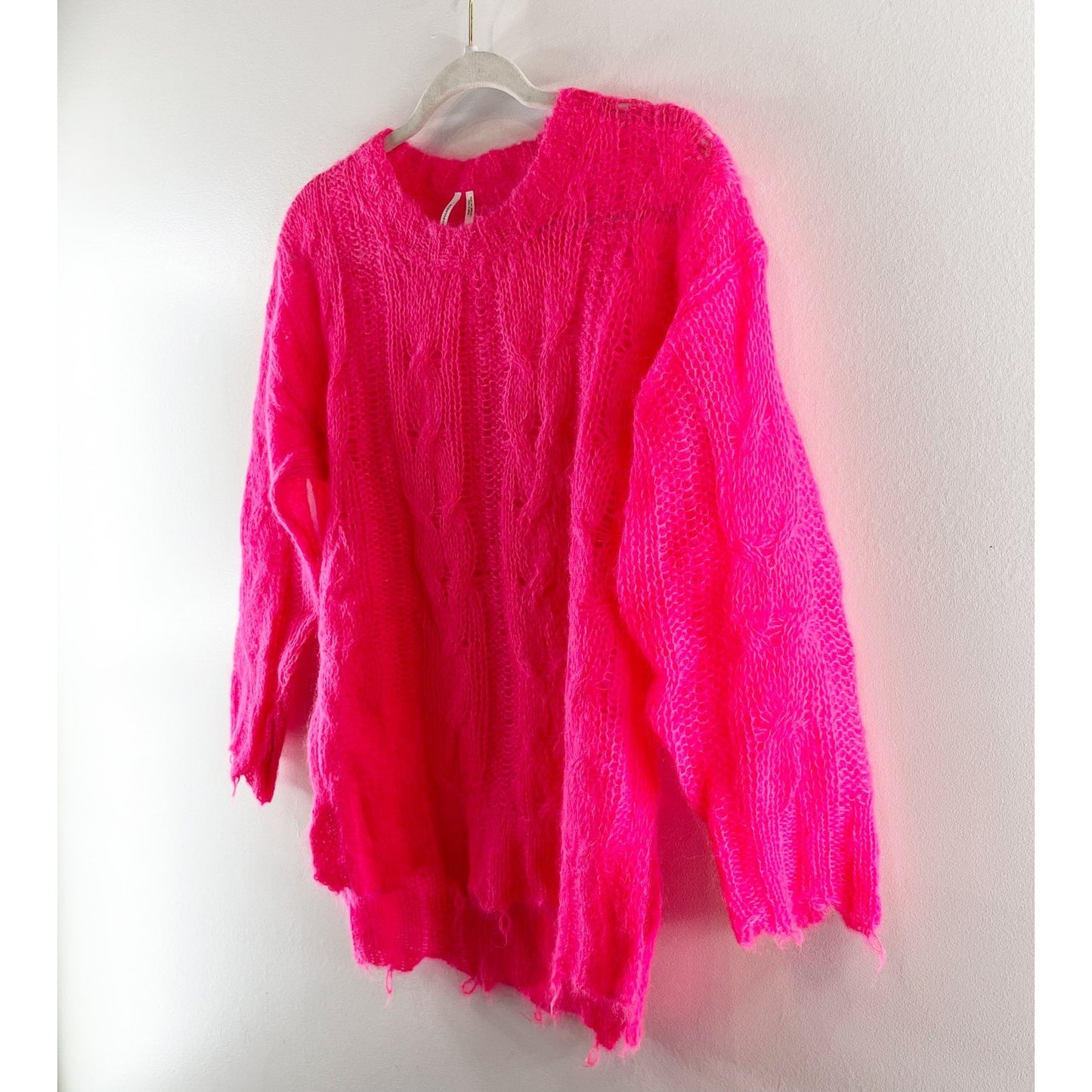 Anthropologie The Posey Long Sleeve Stitchy Distressed Sweater Hot Pink XS