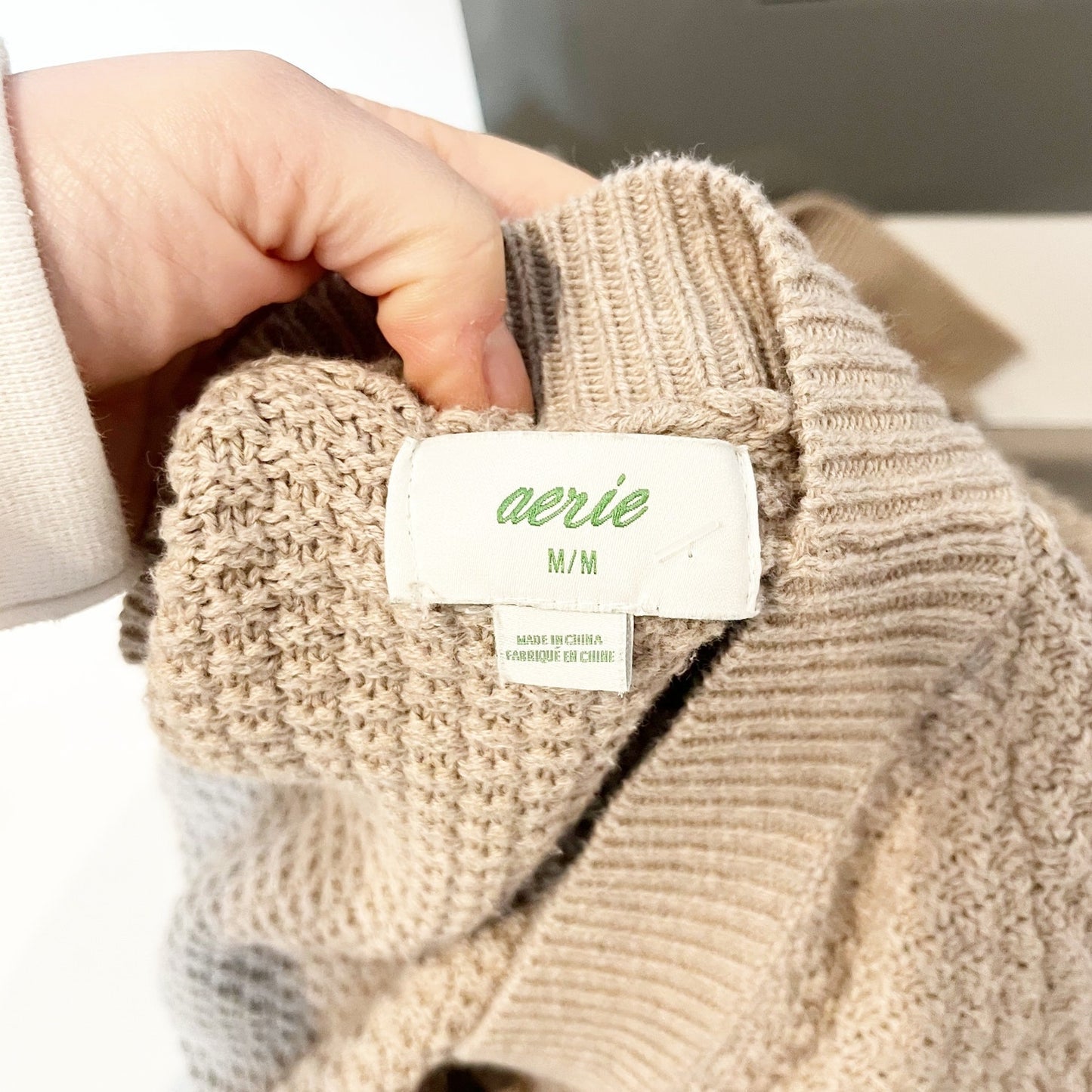 Aerie Oversized Varsity Textured Button Up V Neck Cardigan Sweater Oatmeal Tan M