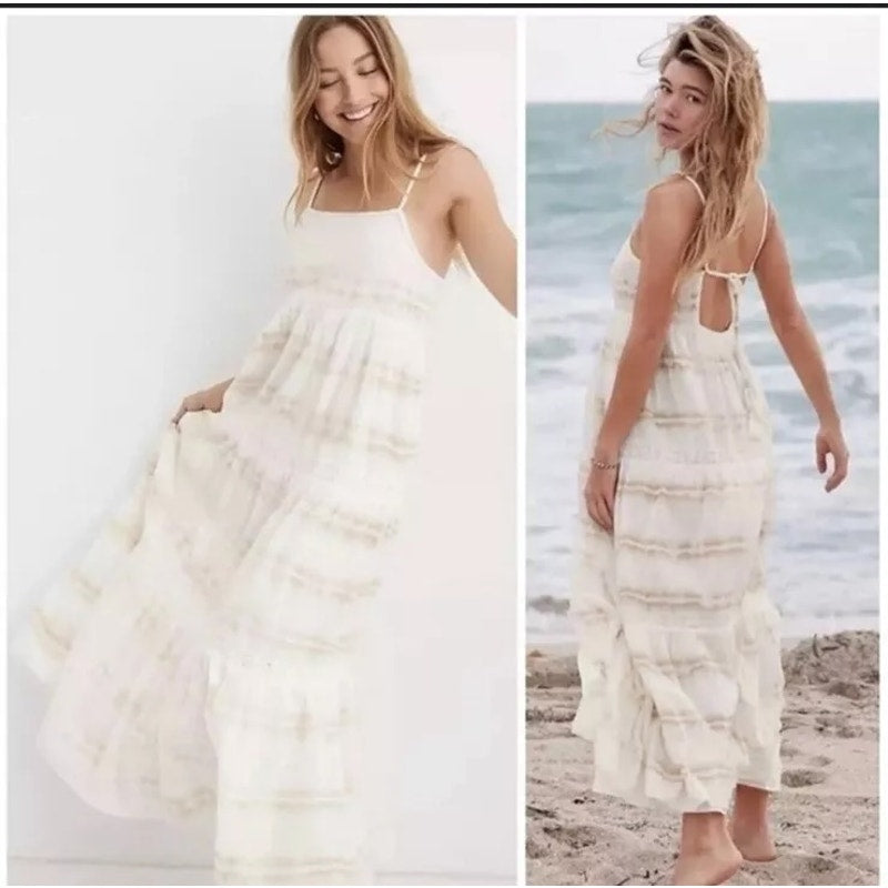 Aerie Cotton Tie Dye Tiered Maxi Sundress Dress Cream Tan XS NWT