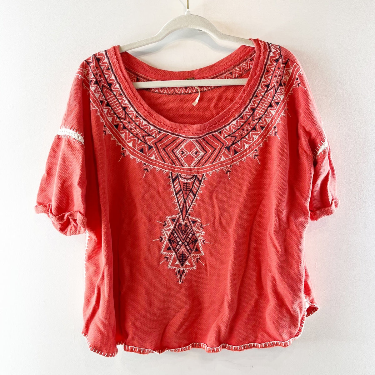 Free People Short Sleeve Cotton Embroidered Southwestern Top Coral Red Large
