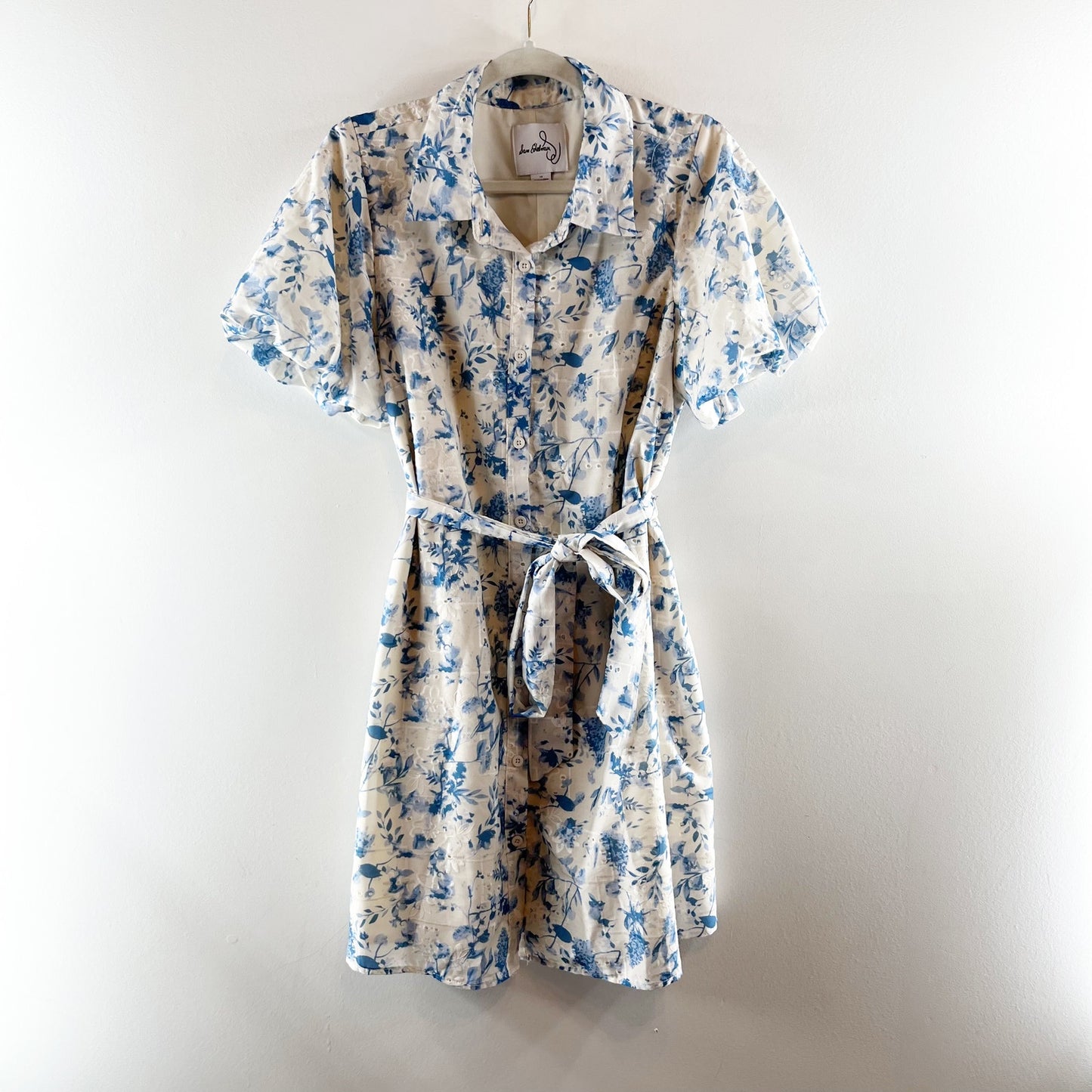 Sam Edelman Short Puff Sleeve Belted Floral Mini Shirt Dress Blue Ivory 12
