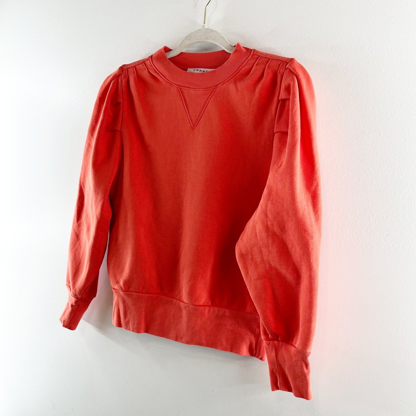 Frame Cotton Blend Shirred Puff Sleeve Crew Neck Pullover Sweatshirt Orange M