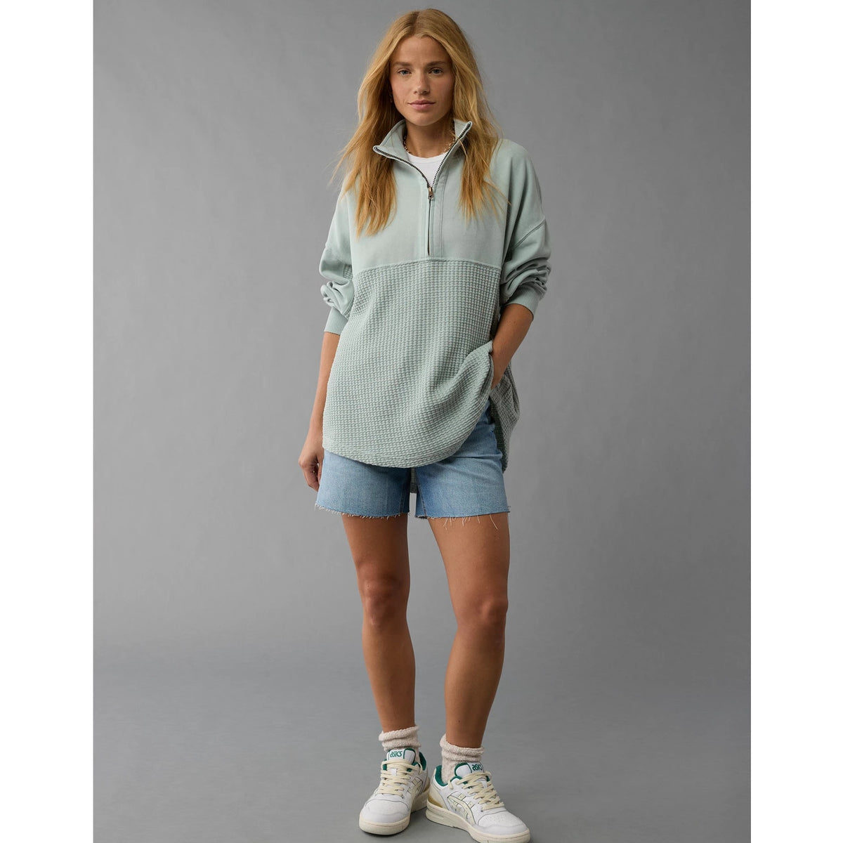 American Eagle Outfitters Oversized Half-Zip Sweatshirt Olive Moss Green XS / S
