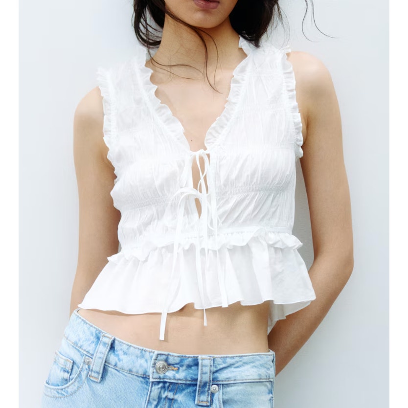 Kirious Los Angeles Sleeveless Ruffle V-Neck Cropped Tank Top White Medium