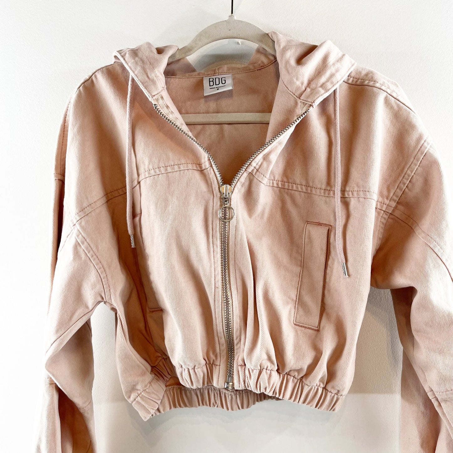 BDG Urban Outfitters Full Zip Cropped Hoodie Bomber Jacket Pink Tan Small