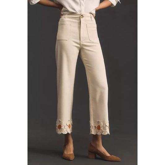 Maeve Anthropologie Colette High Rise Denim Cropped Wide Leg Jeans Cream 28