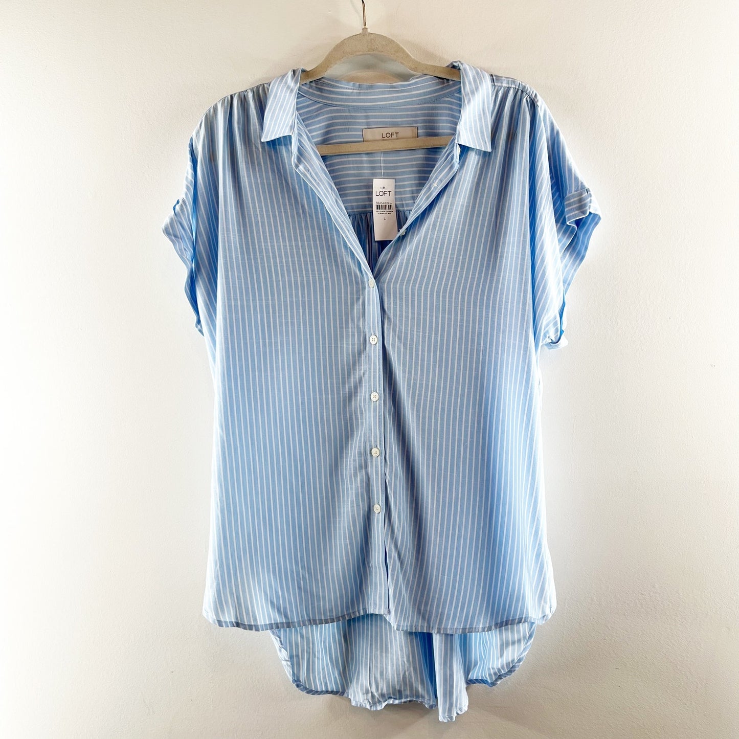 LOFT Striped Dolman Short Sleeve Button Up Shirt Blue Large