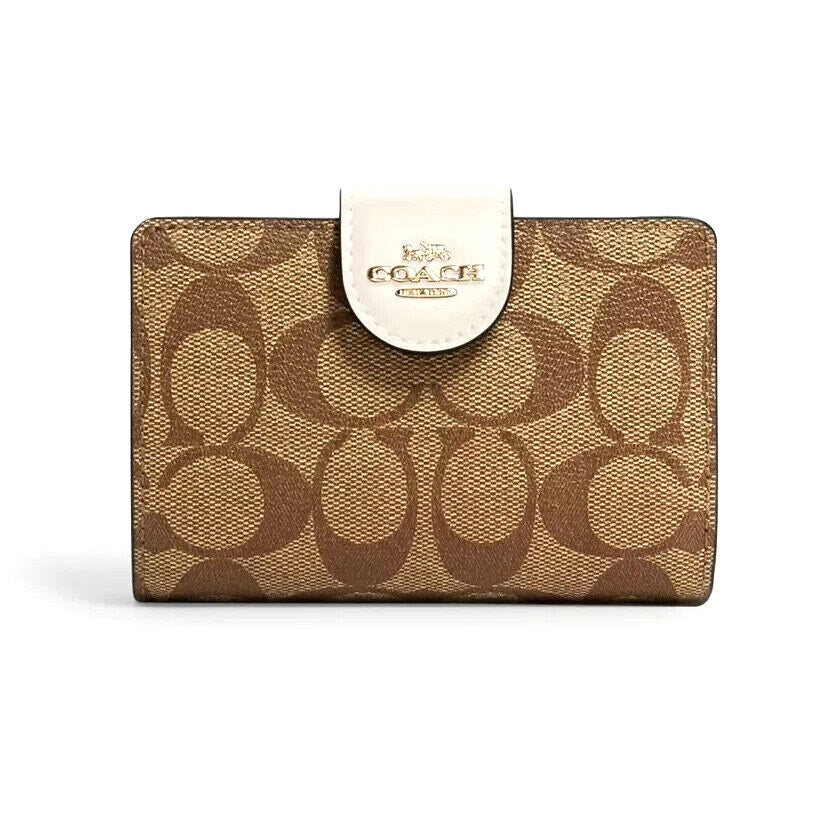 Coach Signature C Canvas Corner Zip Bi-Fold Wallet Tan Brown White