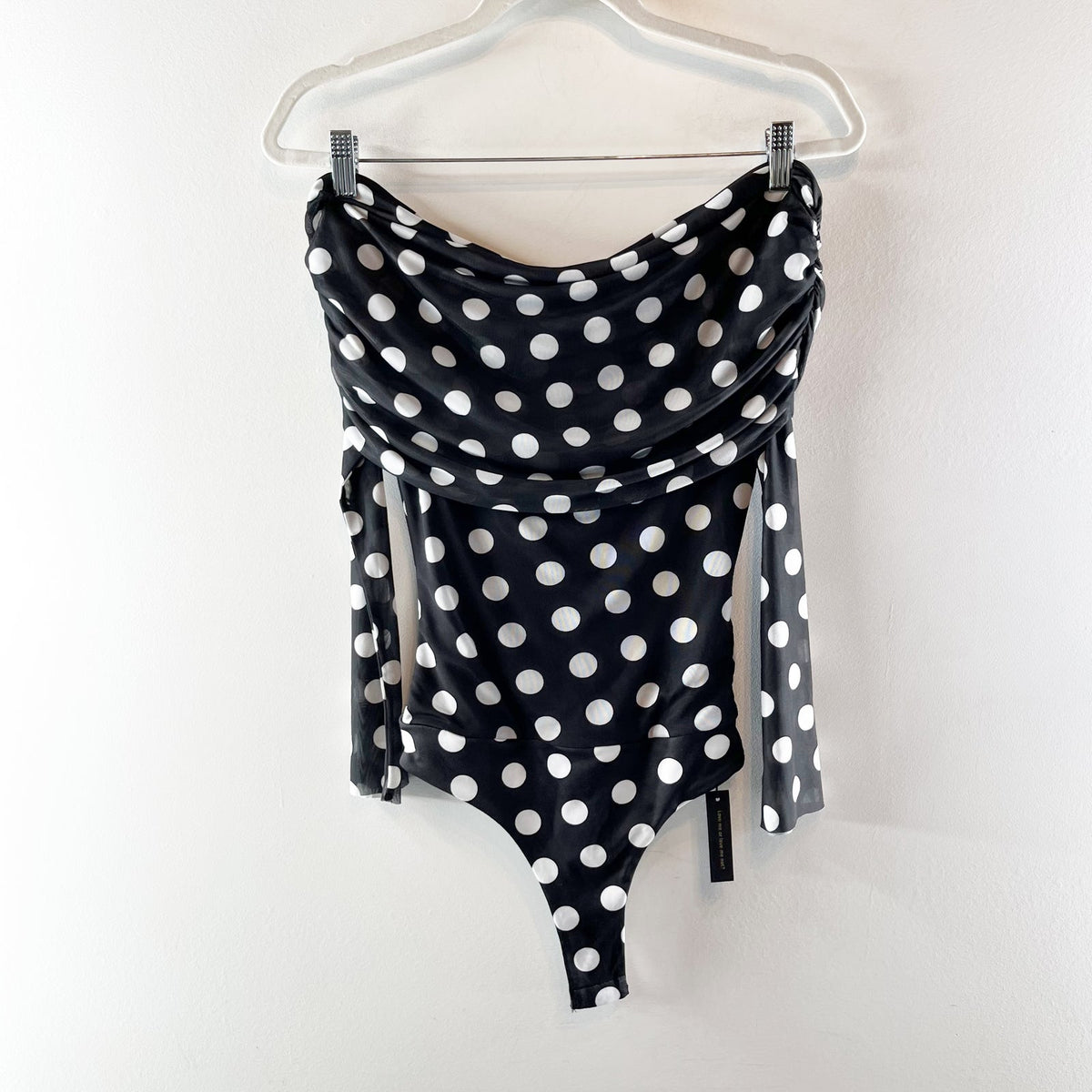 AFRM Maxine Off Shoulder Polka Dot Bodysuit Top Black White XS