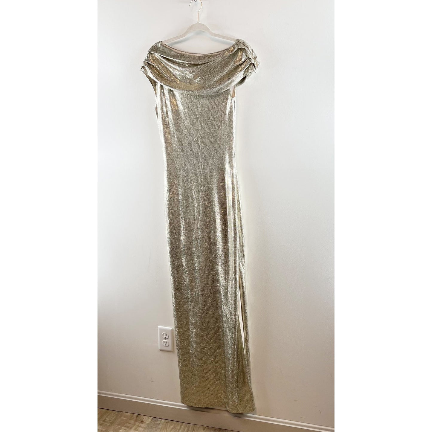 Rachel Roy Asymmetrical Off Shoulder Maxi Slit Gown Dress Gold Metallic 6