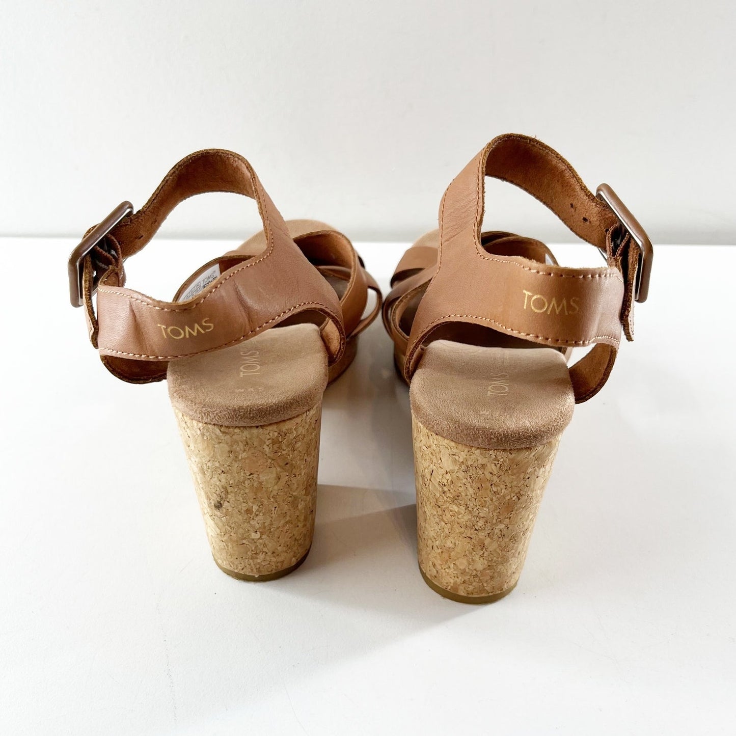 TOMS Ava Cork Block Heel Leather Sandals Brown 8.5