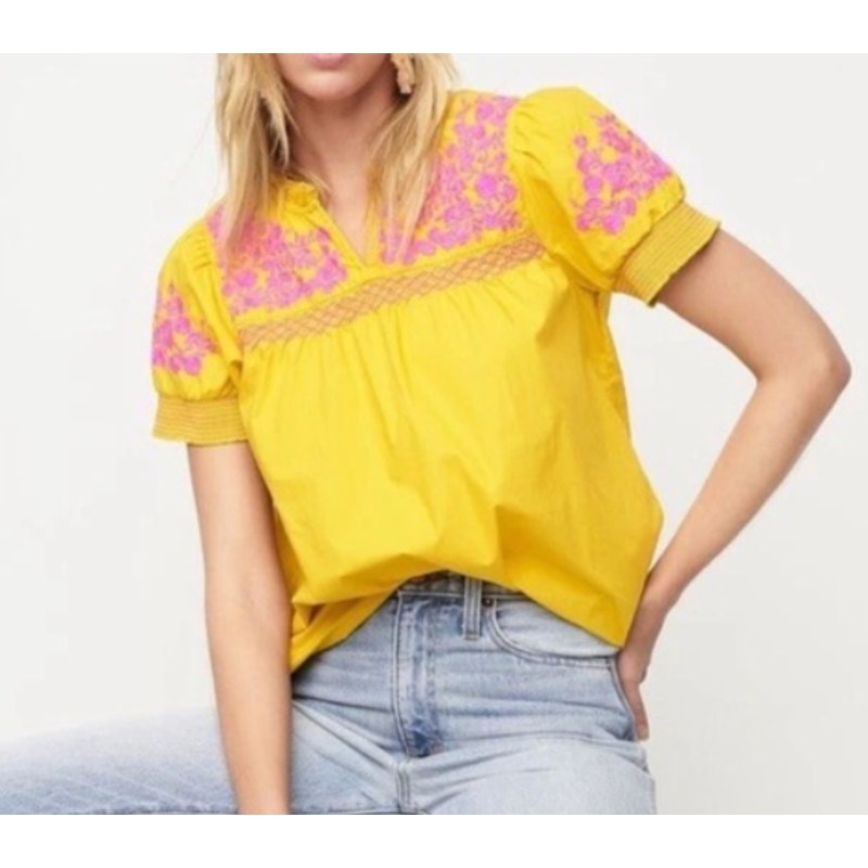 J. Crew Short Puff Sleeve Embroidered Cotton Poplin Blouse Top Yellow Pink Small