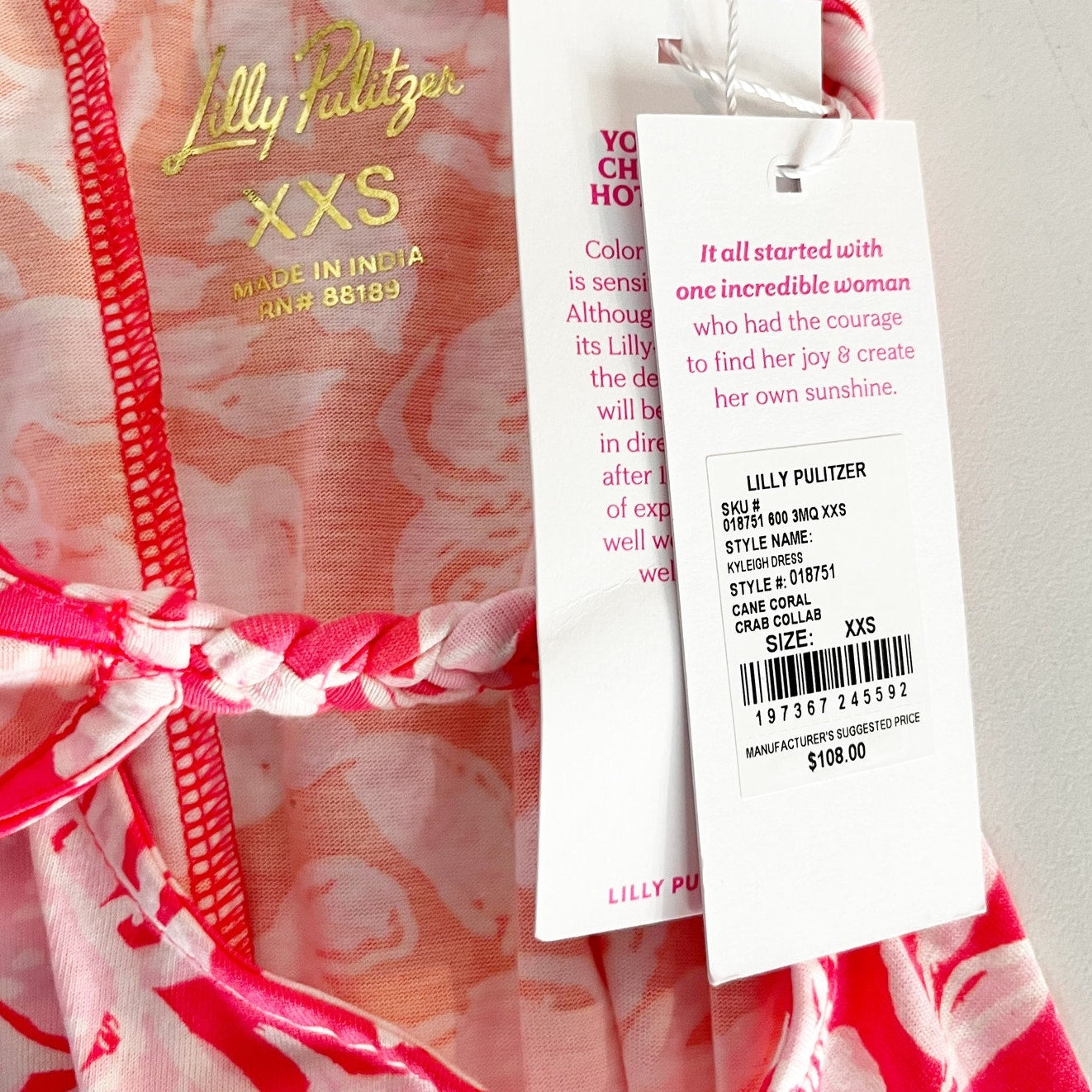 Lilly Pulitzer Kyleigh Square Neck Mini Sundress Dress Cane Coral Crab Pink XXS