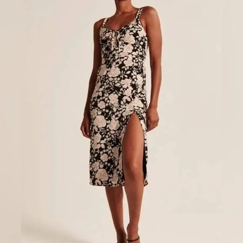 Abercrombie Lace Up Front Floral Slit Midi Slip Dress Black Cream Medium