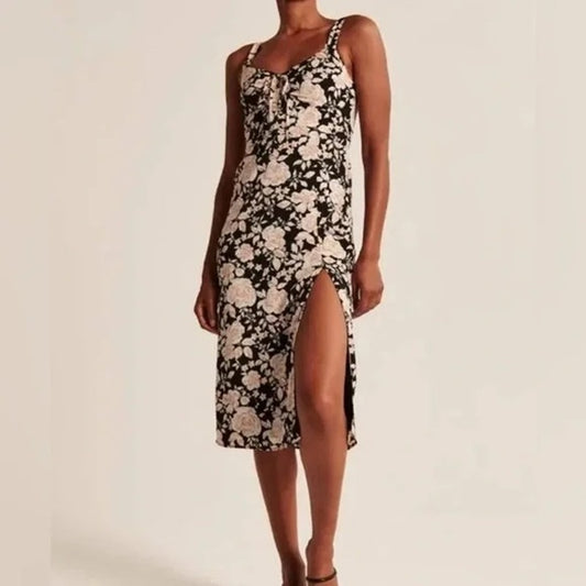 Abercrombie Lace Up Front Floral Slit Midi Slip Dress Black Cream Medium