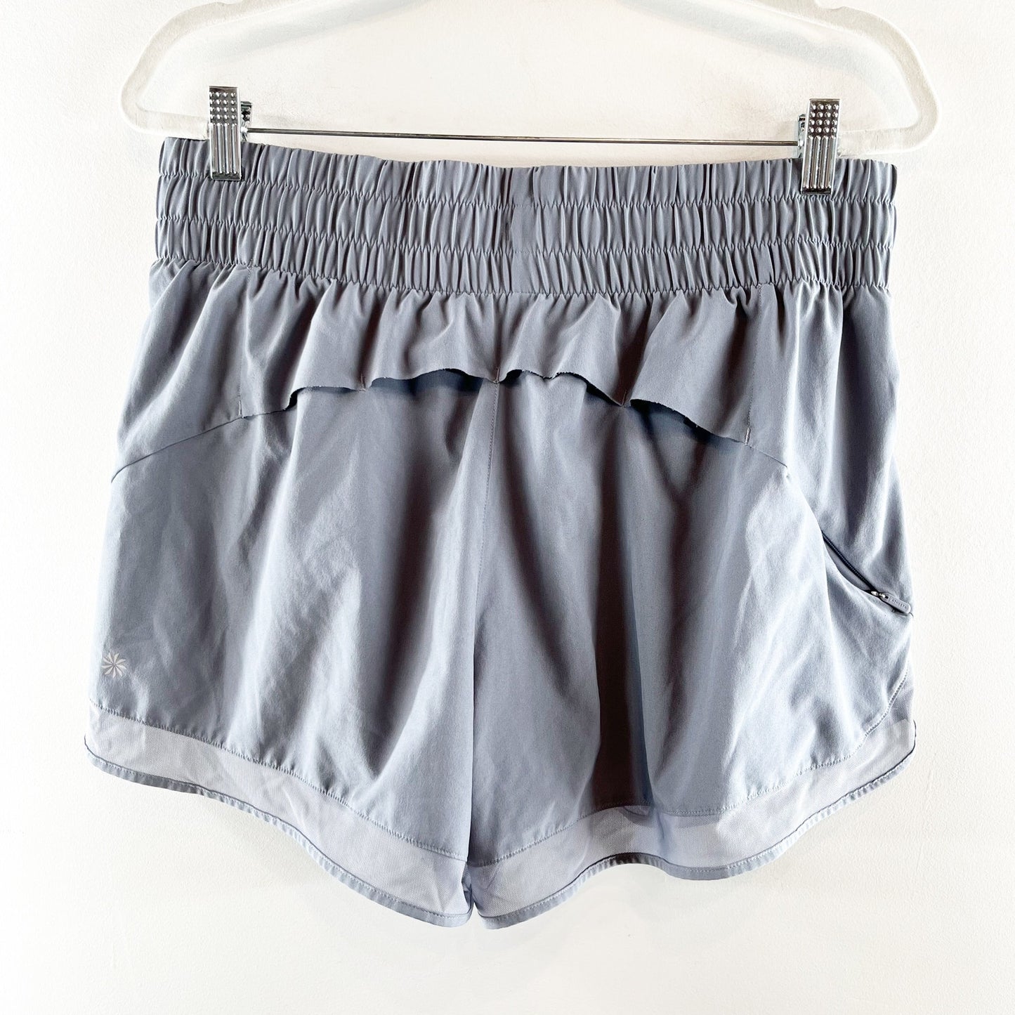 Athleta High Rise Mesh Racer Run Lined Running Shorts Gray Blue Large