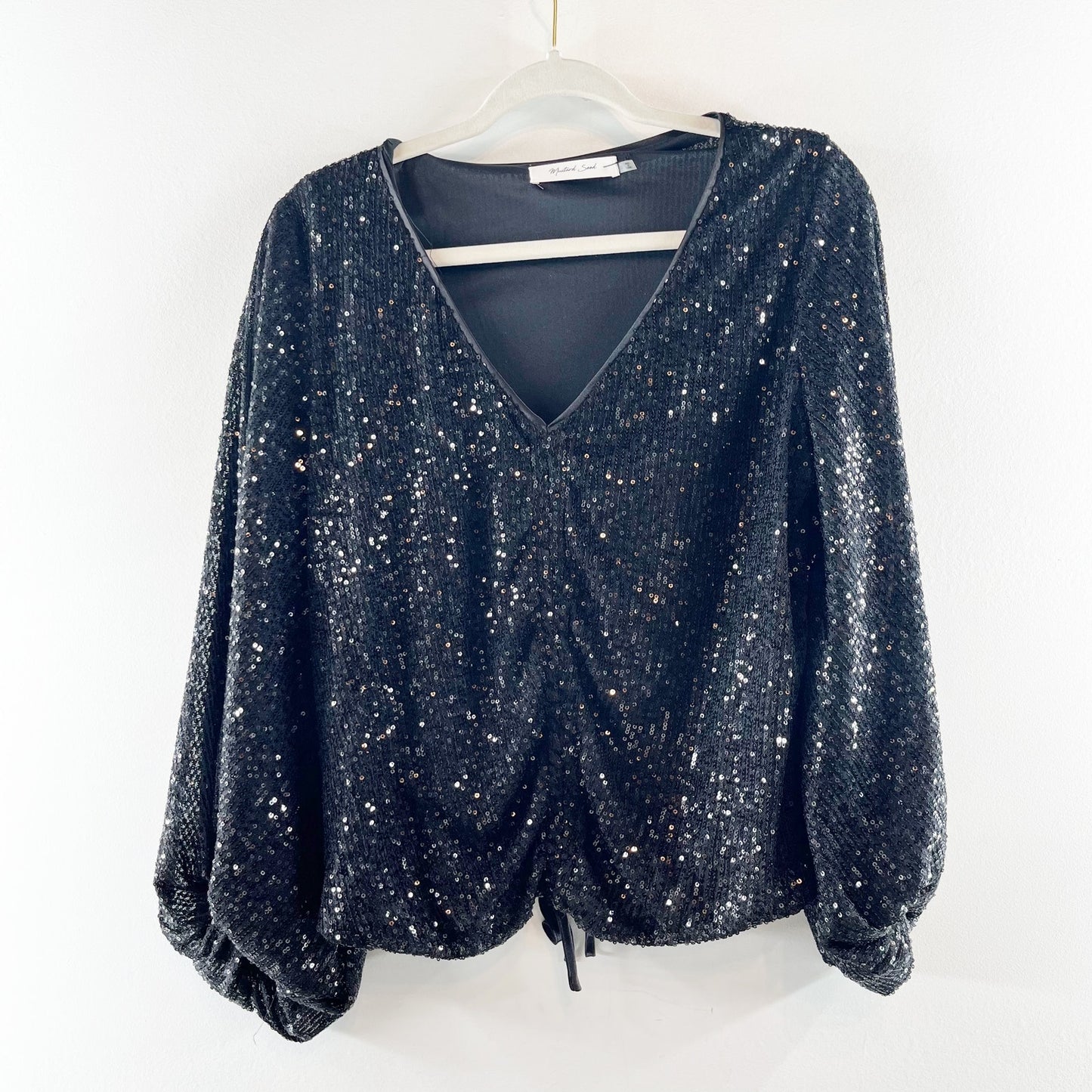 Mustard Seed Long Sleeve Ruched Tie Waist Bubble Hem Sequin Top Black Small