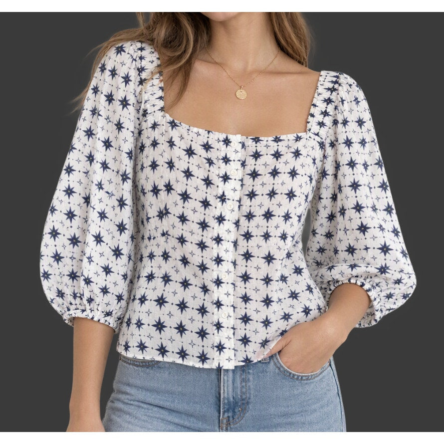 Ros Garden Tuckernuck Elbow Length Square Neck Puff Sleeve Printed Top White XS
