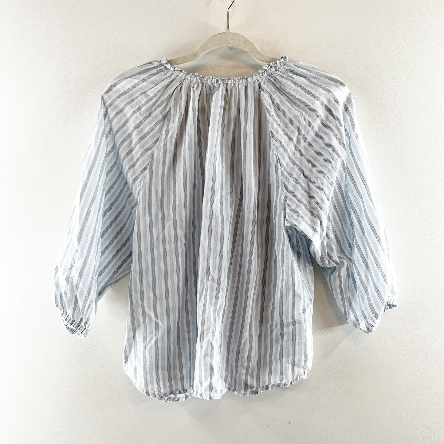 beachLunchLounge Striped 3/4 Sleeve Cotton Peasant Blouse White Blue Small