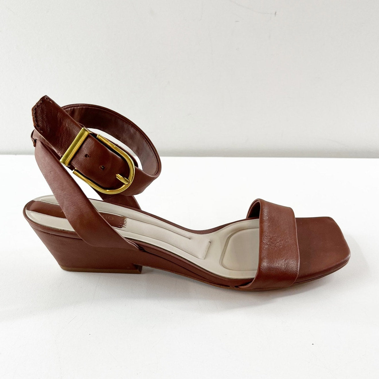 Franco Sarto Savini Ankle Strap Leather Square Toe Wedge Sandals Brown 9