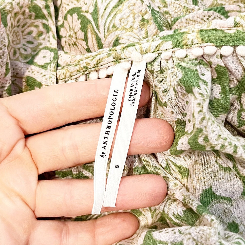 Anthropologie Floral Ruffled V-Neck Peasant Blouse Green Floral Print Small