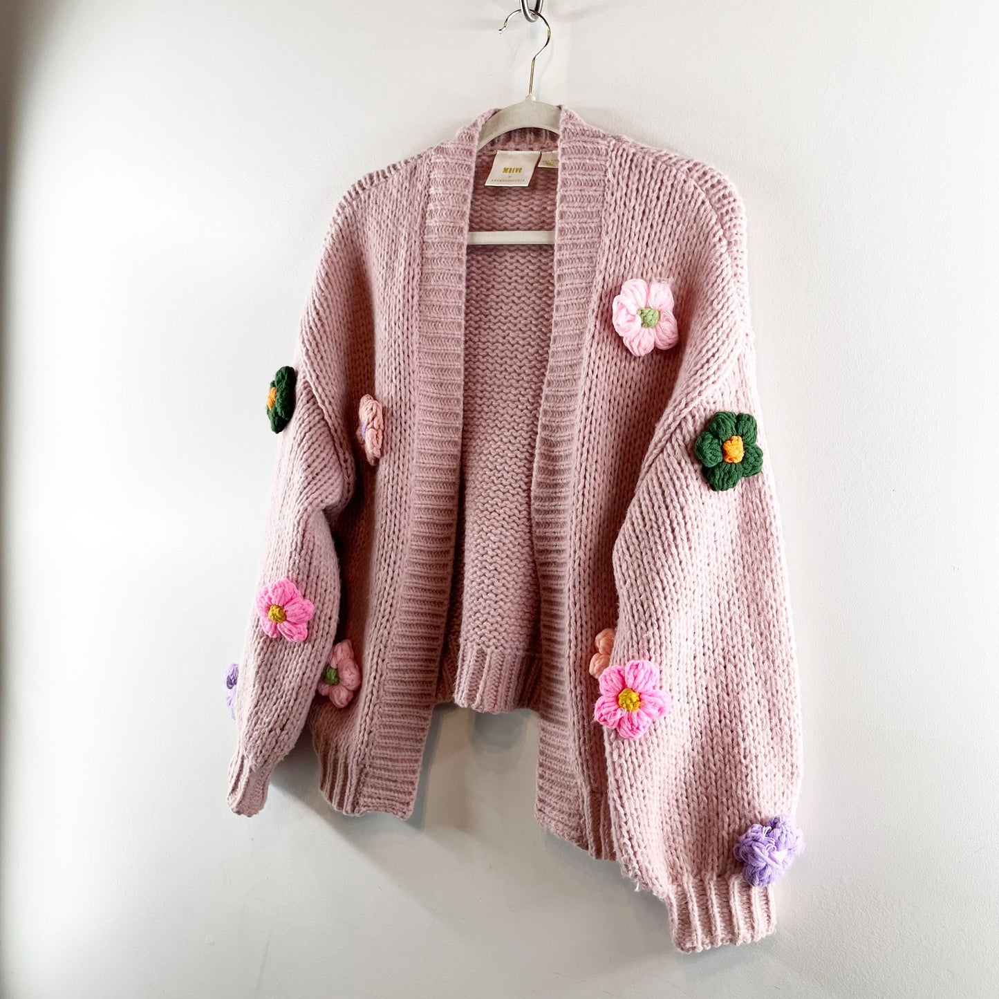 Maeve The Susannah 3D Flower Open Knit Chunky Cardigan Sweater Pink O/S