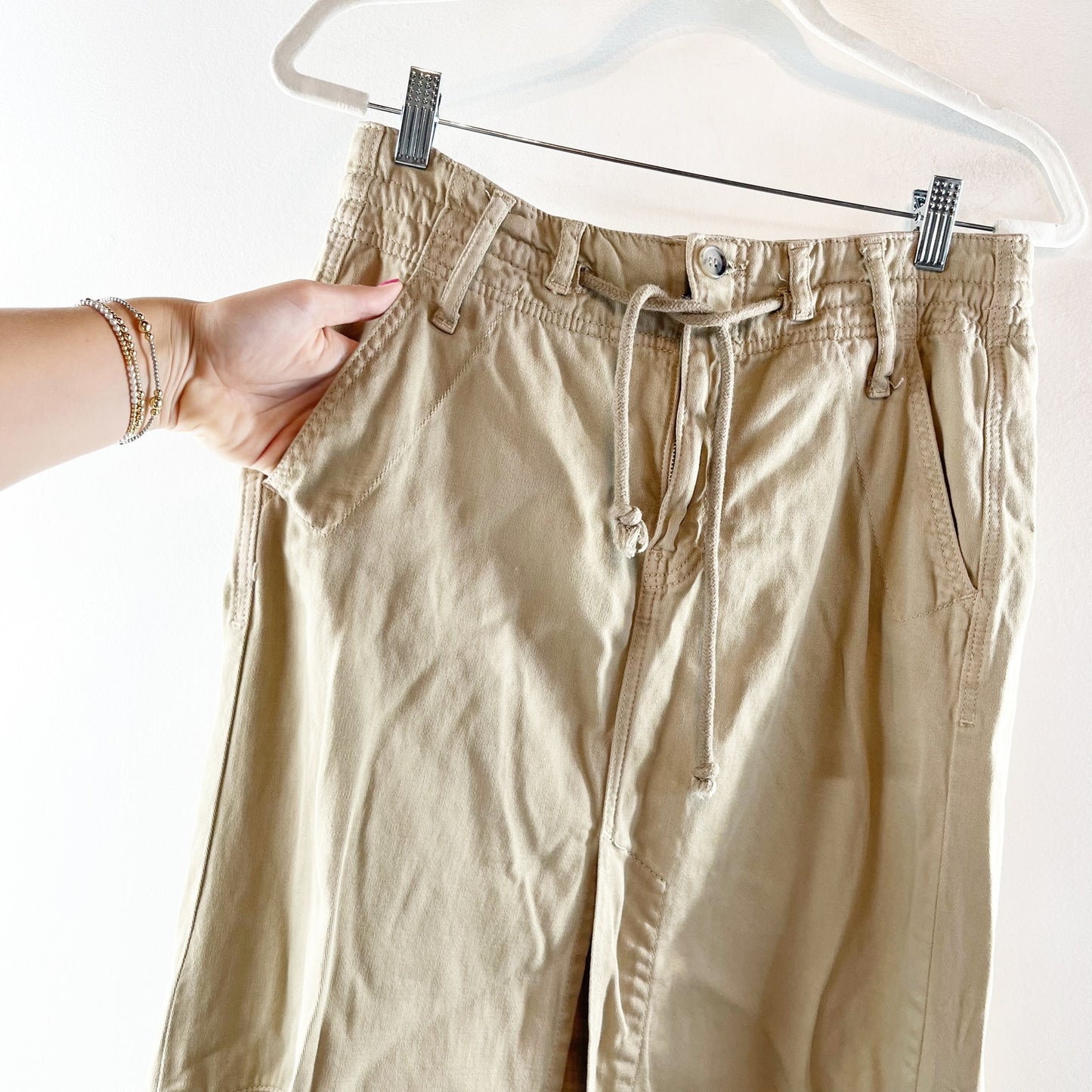 Free People Pull On Drawstring Waist Front Slit Utility Maxi Skirt Beige Tan 2