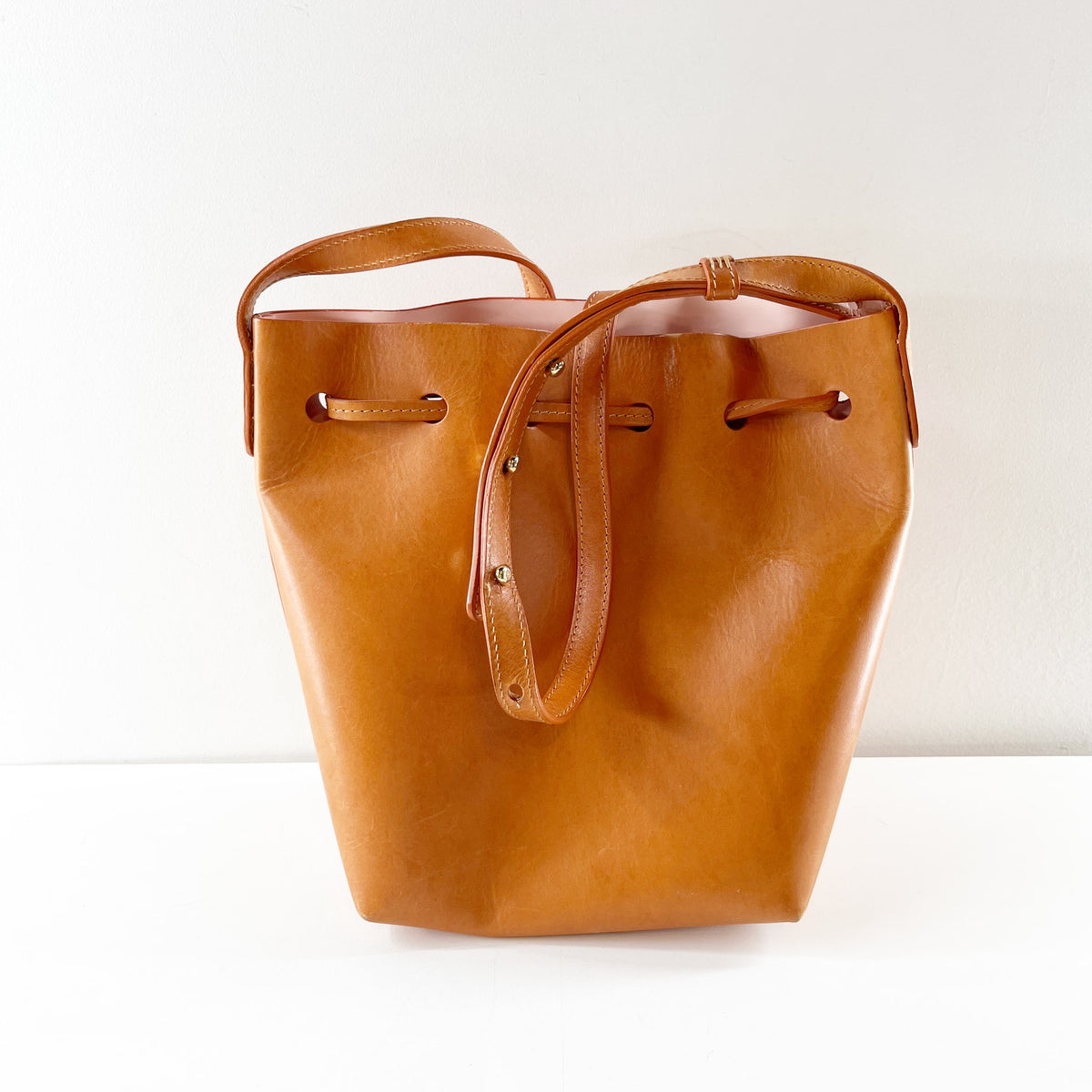Mansur Gavriel Leather Crossbody Bucket Bag Purse Cognac Brown Tan