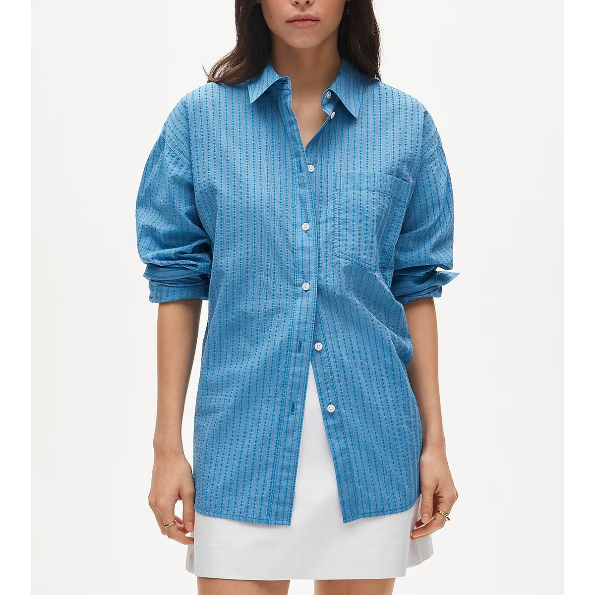J. Crew Étienne Oversized Fit Dobby Stripe Button-Up Shirt Cerulean Blue XS