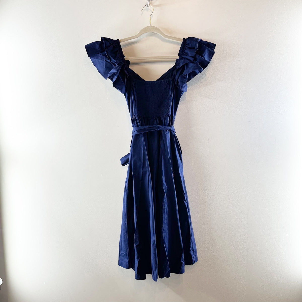 Hill House The Ava Ruffle Strap Belted Tie Waist Midi Dress Navy Blue XS