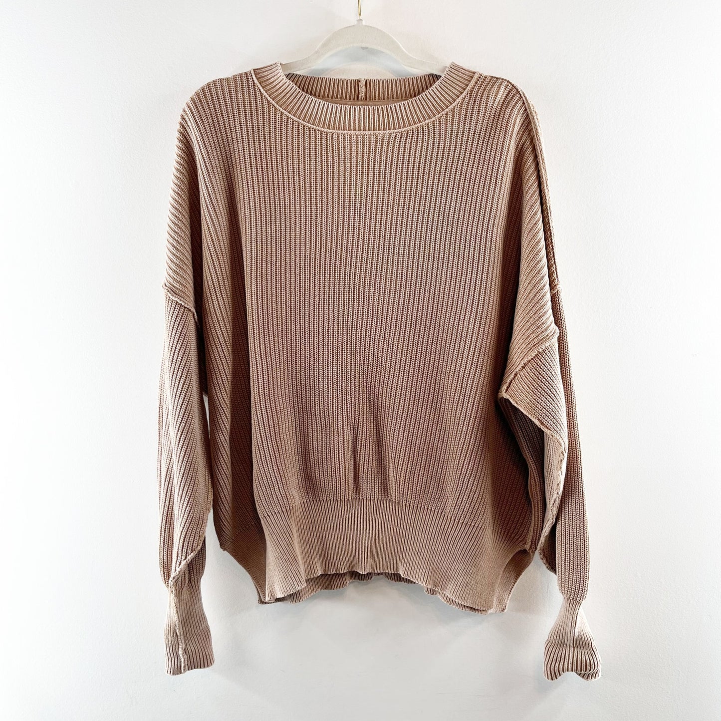 Aerie Crewneck Long Sleeve Ribbed Oversized Sweater Tan Brown XS