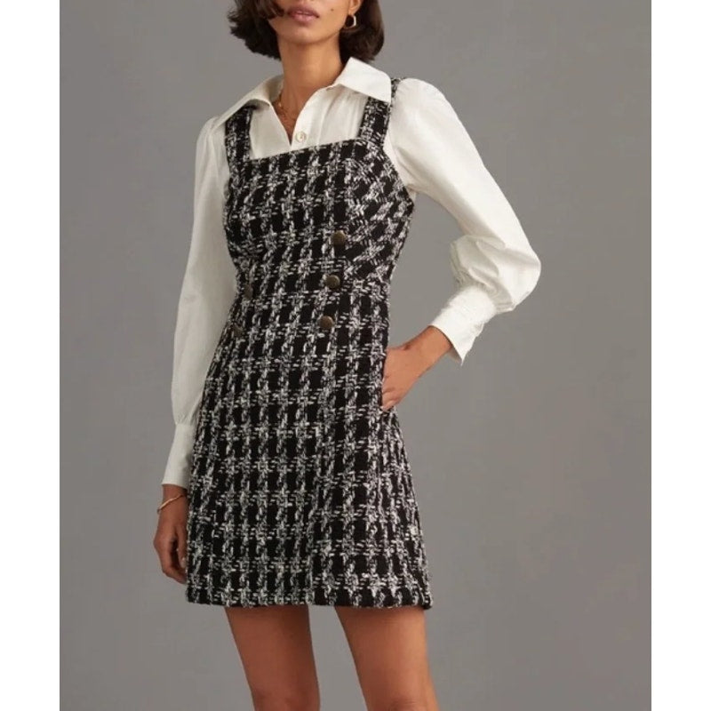 Maeve Anthropologie Tweed Houndstooth Square Neck Mini Dress Black White 4