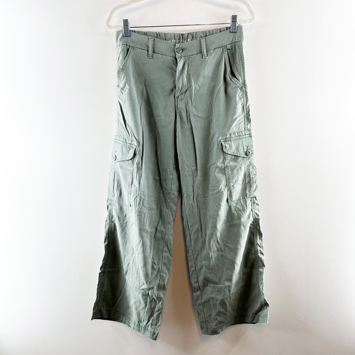 American Eagle Mid Rise Baggy Wide Leg Cargo Pants Green 4 Short