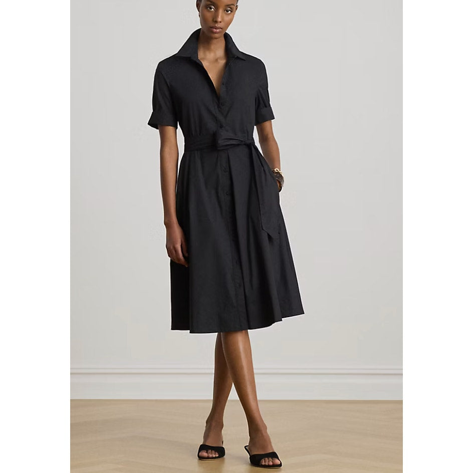 Ralph Lauren Short Sleeve Belted Cotton Blend Shirt Midi Dress Black 4 Petite