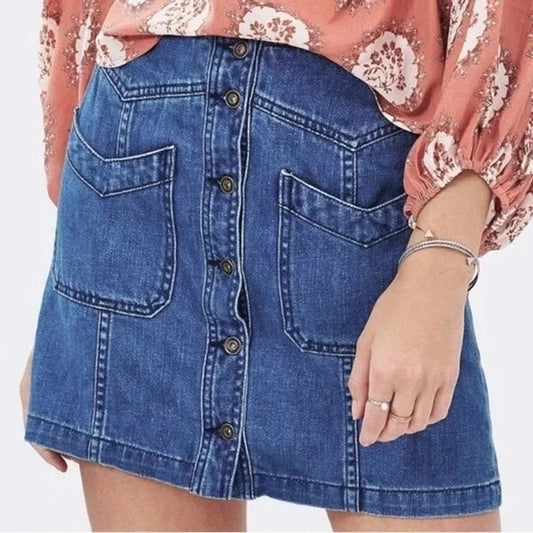 Free People Come a Little Closer Denim Mini Button Up Mini Skirt Blue 4