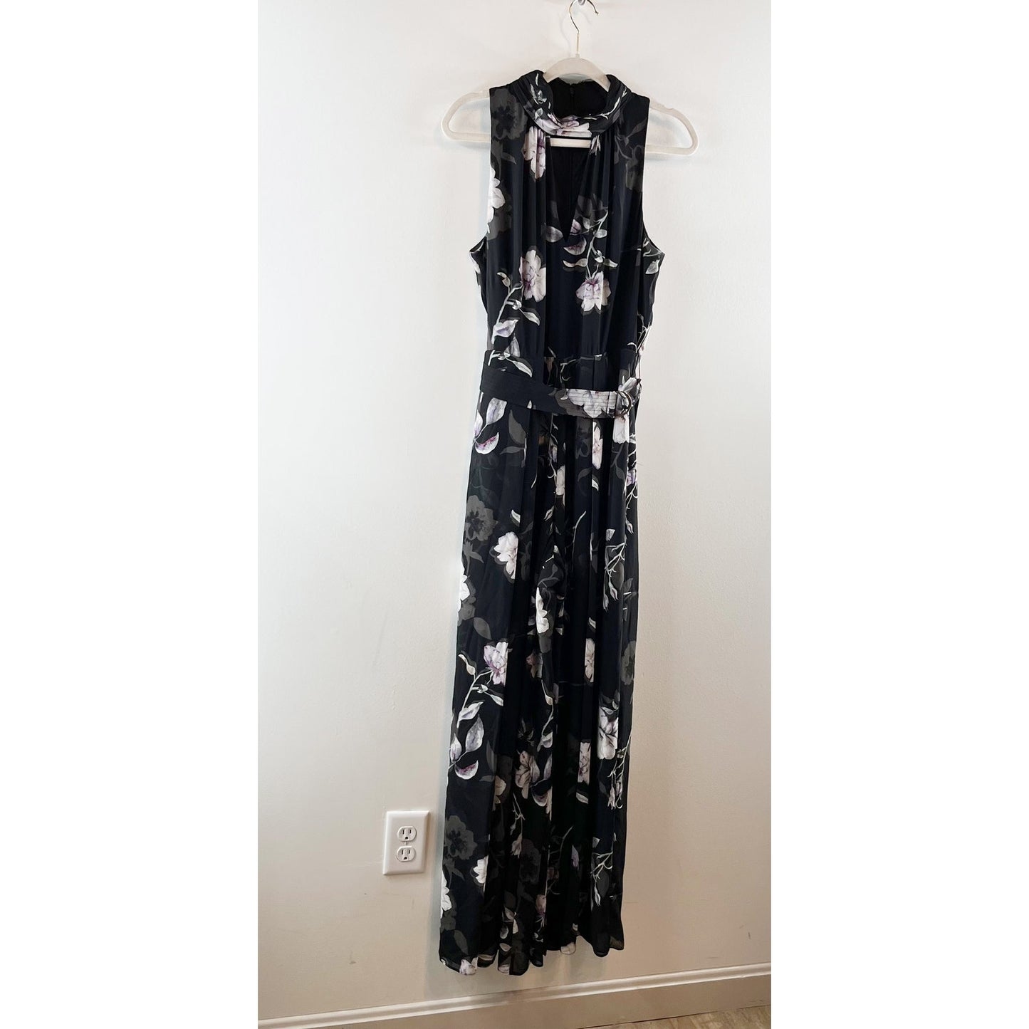 White House Black Market Floral Sleeveless Wide Leg Jumpsuit Black 12