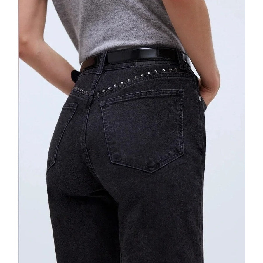 Madewell The 90s Straight Leg High Rise Jeans Rhinestone Studded Black 24 / 00