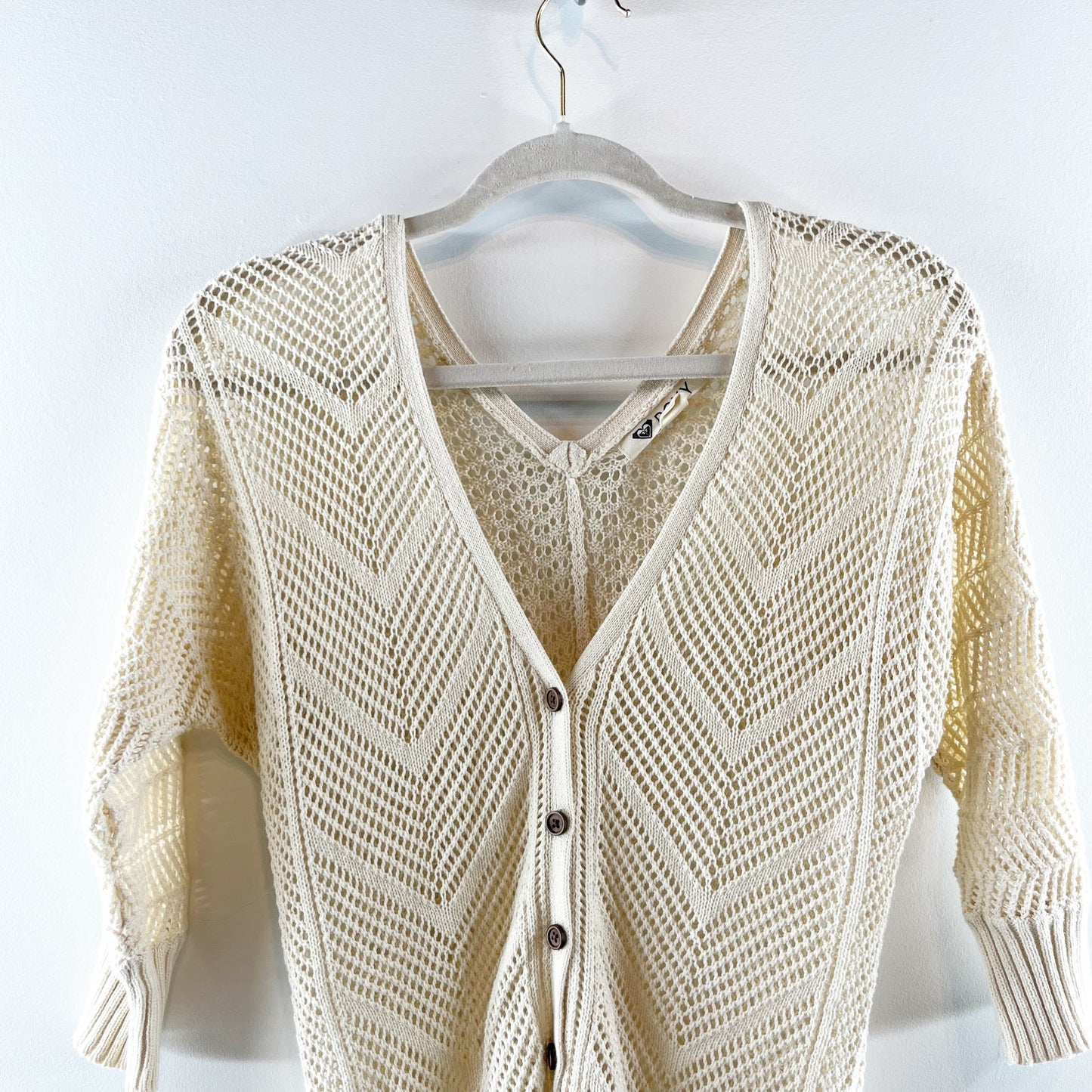 Roxy Turnstone Cotton Crochet Cardigan Sweater Cream Ivory Small