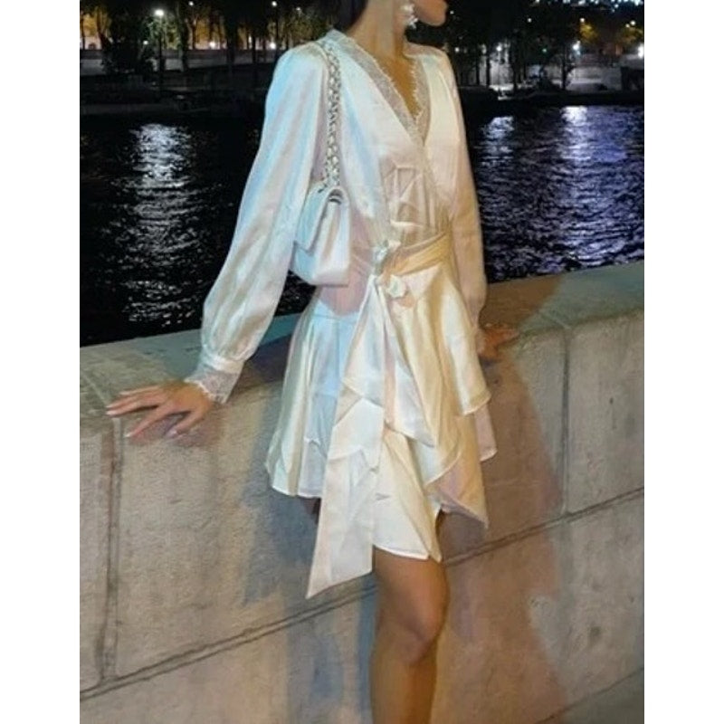Lovers + Friends Nadeen Long Sleeve Satin Lace Wrap Mini Dress Ivory XL