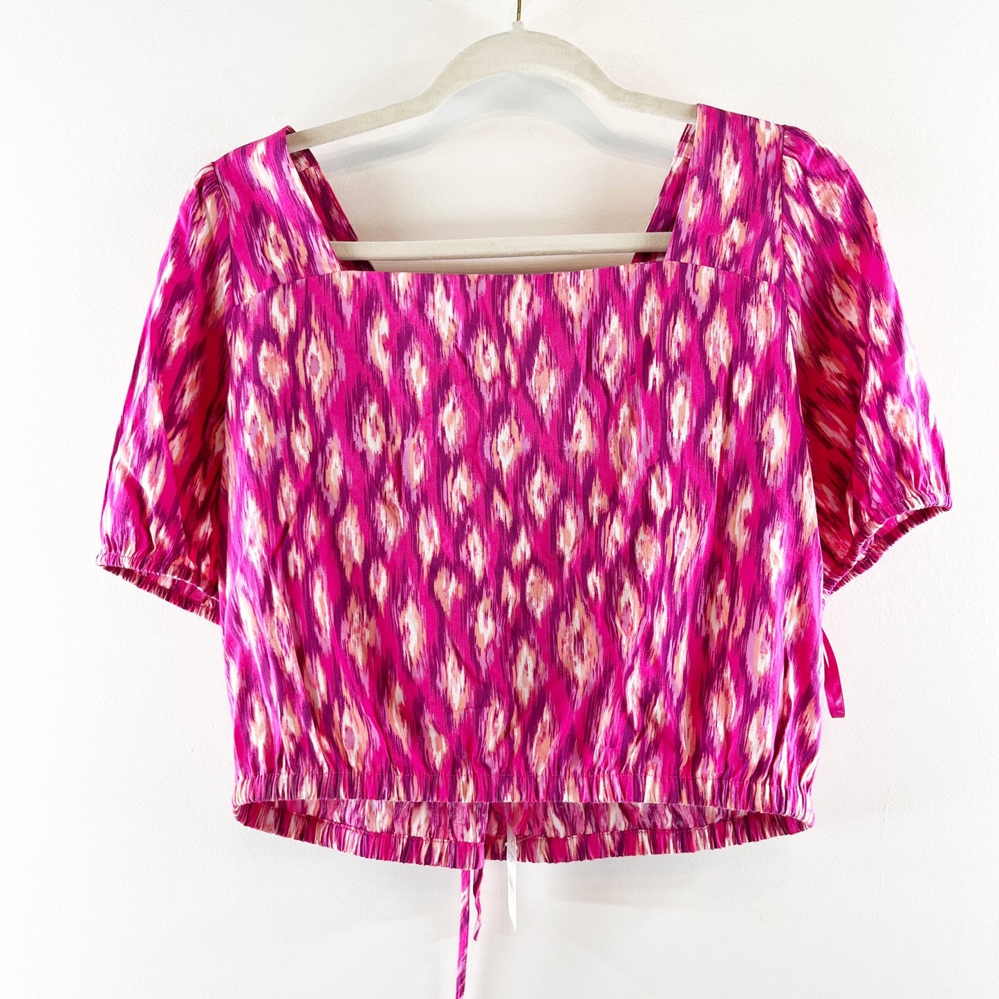 LOFT Animal Print Puffed Sleeve Crisscross Back Crop Blouse Top Hot Pink Poppy M