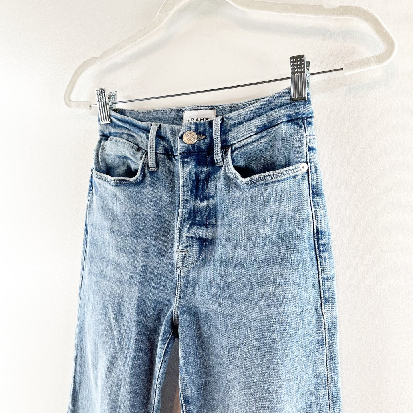 FRAME Le Super High Flare Raw Hem Frayed Jeans Blue 25 / 0