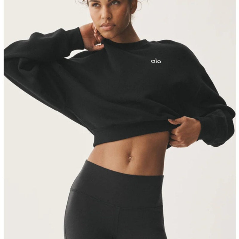 Alo Yoga Accolade Long Sleeve Crewneck Cropped Pullover Sweatshirt Black XS