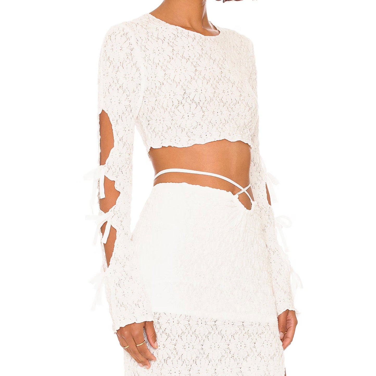 Tularosa Dianne Long Tie Sleeve Cropped Lace Top White XS