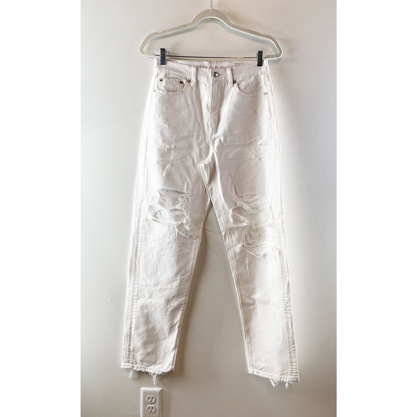 American Eagle Highest Rise Distressed Baggy Straight Leg Jeans White 2